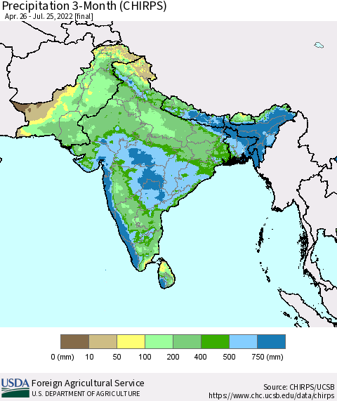 Southern Asia Precipitation 3-Month (CHIRPS) Thematic Map For 4/26/2022 - 7/25/2022