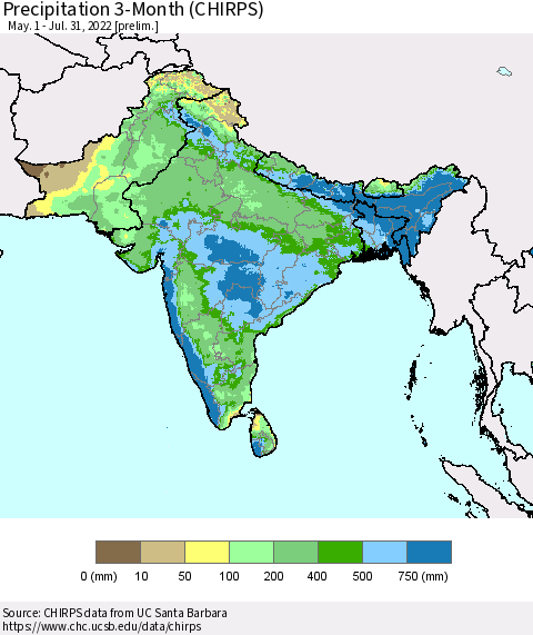 Southern Asia Precipitation 3-Month (CHIRPS) Thematic Map For 5/1/2022 - 7/31/2022