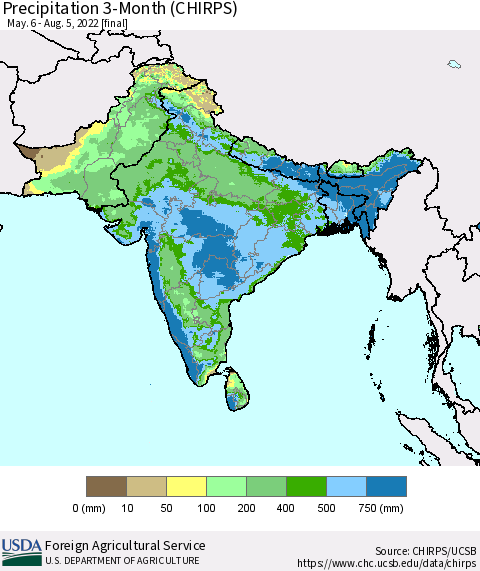Southern Asia Precipitation 3-Month (CHIRPS) Thematic Map For 5/6/2022 - 8/5/2022