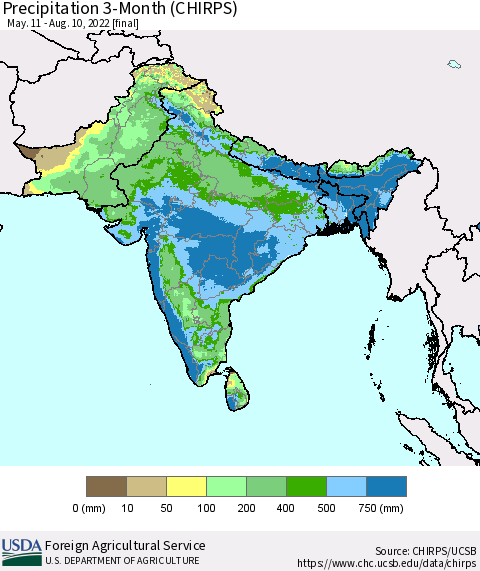 Southern Asia Precipitation 3-Month (CHIRPS) Thematic Map For 5/11/2022 - 8/10/2022