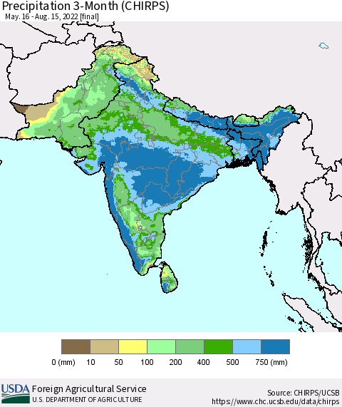 Southern Asia Precipitation 3-Month (CHIRPS) Thematic Map For 5/16/2022 - 8/15/2022