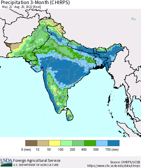 Southern Asia Precipitation 3-Month (CHIRPS) Thematic Map For 5/21/2022 - 8/20/2022