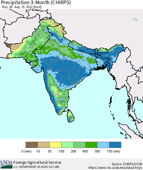 Southern Asia Precipitation 3-Month (CHIRPS) Thematic Map For 5/26/2022 - 8/25/2022