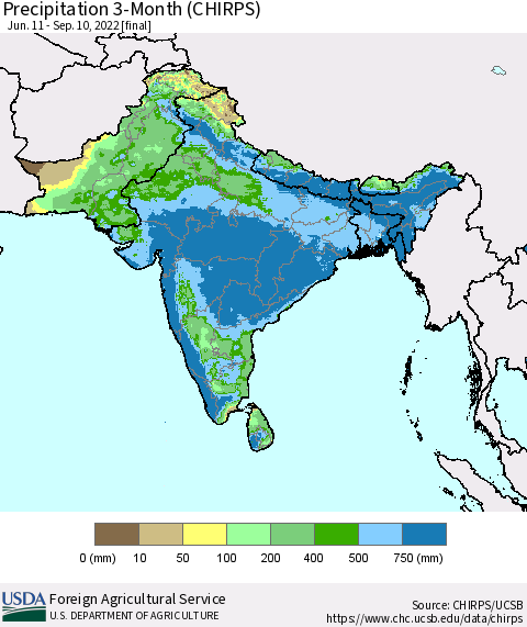 Southern Asia Precipitation 3-Month (CHIRPS) Thematic Map For 6/11/2022 - 9/10/2022