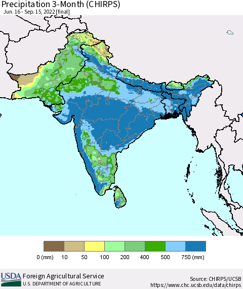 Southern Asia Precipitation 3-Month (CHIRPS) Thematic Map For 6/16/2022 - 9/15/2022