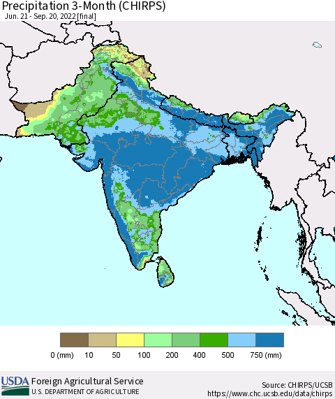 Southern Asia Precipitation 3-Month (CHIRPS) Thematic Map For 6/21/2022 - 9/20/2022