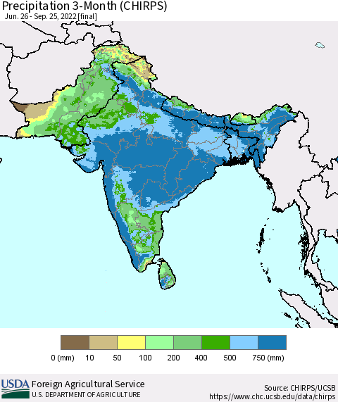 Southern Asia Precipitation 3-Month (CHIRPS) Thematic Map For 6/26/2022 - 9/25/2022