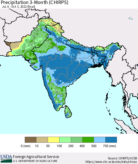 Southern Asia Precipitation 3-Month (CHIRPS) Thematic Map For 7/6/2022 - 10/5/2022
