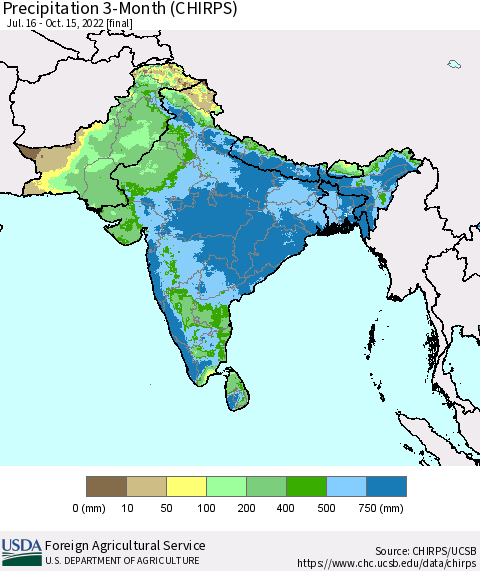 Southern Asia Precipitation 3-Month (CHIRPS) Thematic Map For 7/16/2022 - 10/15/2022