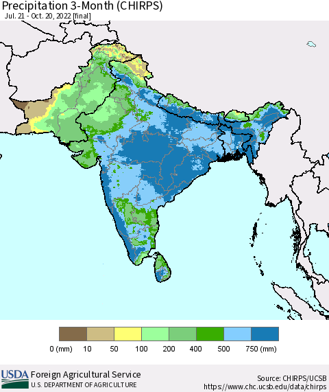 Southern Asia Precipitation 3-Month (CHIRPS) Thematic Map For 7/21/2022 - 10/20/2022