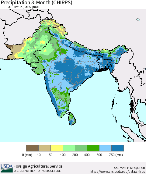 Southern Asia Precipitation 3-Month (CHIRPS) Thematic Map For 7/26/2022 - 10/25/2022