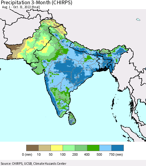 Southern Asia Precipitation 3-Month (CHIRPS) Thematic Map For 8/1/2022 - 10/31/2022