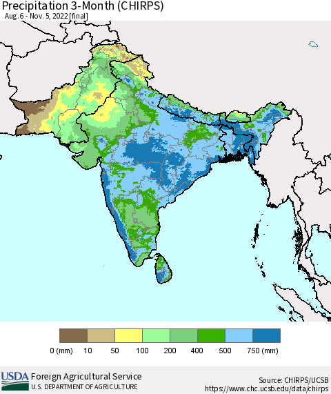 Southern Asia Precipitation 3-Month (CHIRPS) Thematic Map For 8/6/2022 - 11/5/2022