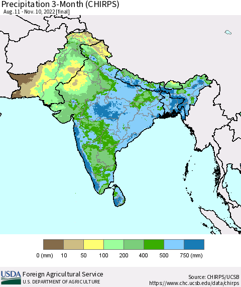 Southern Asia Precipitation 3-Month (CHIRPS) Thematic Map For 8/11/2022 - 11/10/2022