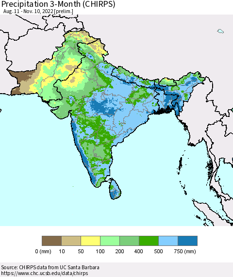 Southern Asia Precipitation 3-Month (CHIRPS) Thematic Map For 8/11/2022 - 11/10/2022