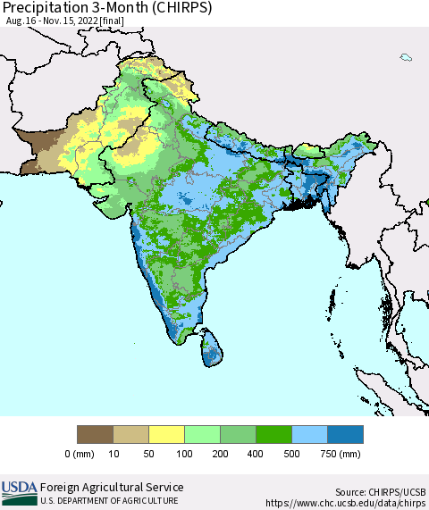 Southern Asia Precipitation 3-Month (CHIRPS) Thematic Map For 8/16/2022 - 11/15/2022