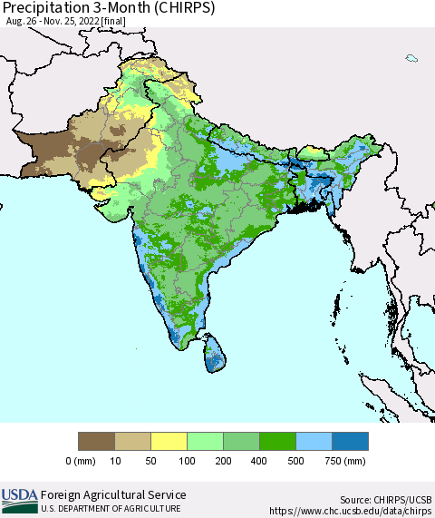 Southern Asia Precipitation 3-Month (CHIRPS) Thematic Map For 8/26/2022 - 11/25/2022
