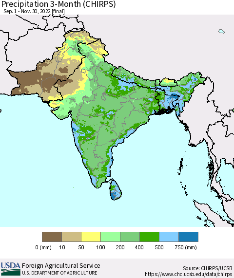 Southern Asia Precipitation 3-Month (CHIRPS) Thematic Map For 9/1/2022 - 11/30/2022