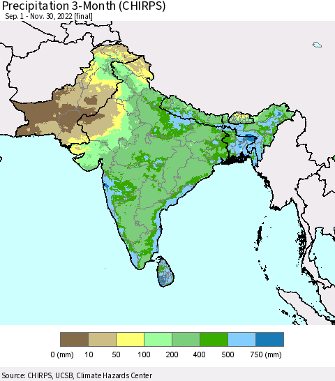 Southern Asia Precipitation 3-Month (CHIRPS) Thematic Map For 9/1/2022 - 11/30/2022