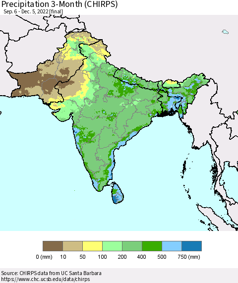 Southern Asia Precipitation 3-Month (CHIRPS) Thematic Map For 9/6/2022 - 12/5/2022
