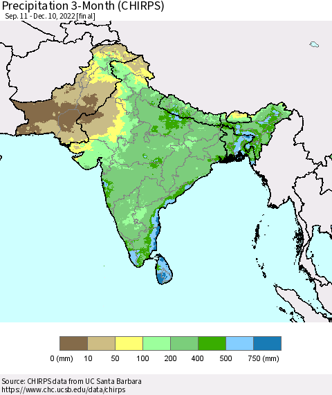 Southern Asia Precipitation 3-Month (CHIRPS) Thematic Map For 9/11/2022 - 12/10/2022