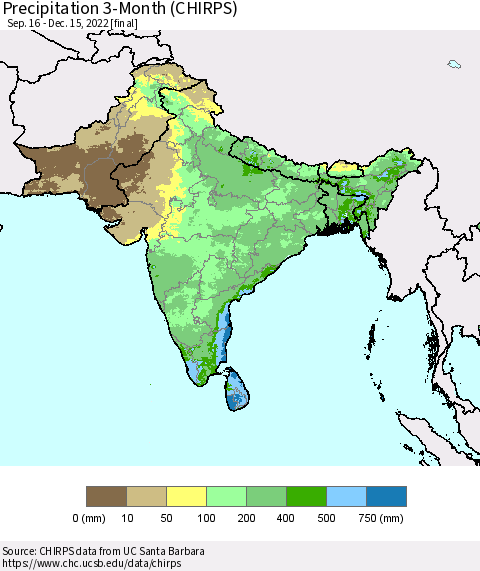 Southern Asia Precipitation 3-Month (CHIRPS) Thematic Map For 9/16/2022 - 12/15/2022
