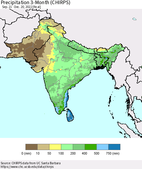 Southern Asia Precipitation 3-Month (CHIRPS) Thematic Map For 9/21/2022 - 12/20/2022