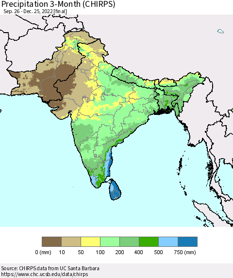 Southern Asia Precipitation 3-Month (CHIRPS) Thematic Map For 9/26/2022 - 12/25/2022