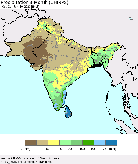 Southern Asia Precipitation 3-Month (CHIRPS) Thematic Map For 10/11/2022 - 1/10/2023