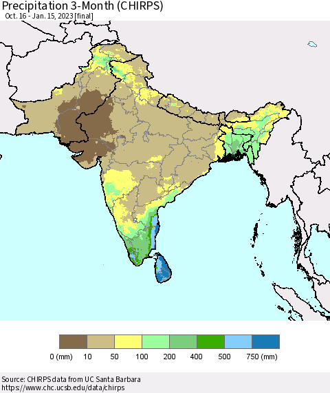 Southern Asia Precipitation 3-Month (CHIRPS) Thematic Map For 10/16/2022 - 1/15/2023