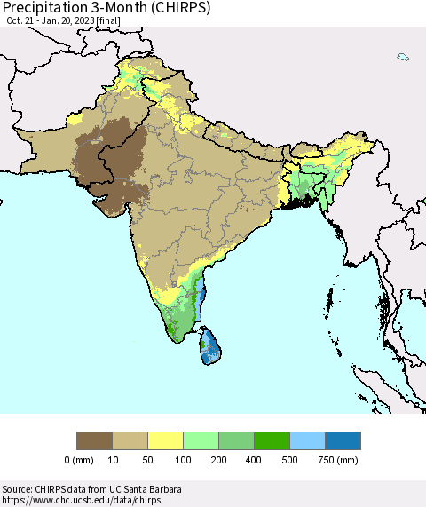 Southern Asia Precipitation 3-Month (CHIRPS) Thematic Map For 10/21/2022 - 1/20/2023