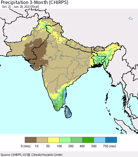 Southern Asia Precipitation 3-Month (CHIRPS) Thematic Map For 10/21/2022 - 1/20/2023