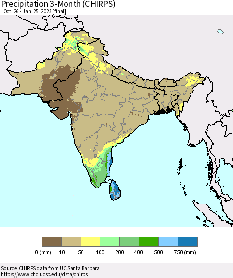 Southern Asia Precipitation 3-Month (CHIRPS) Thematic Map For 10/26/2022 - 1/25/2023