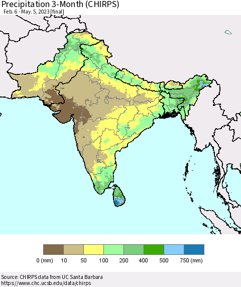 Southern Asia Precipitation 3-Month (CHIRPS) Thematic Map For 2/6/2023 - 5/5/2023