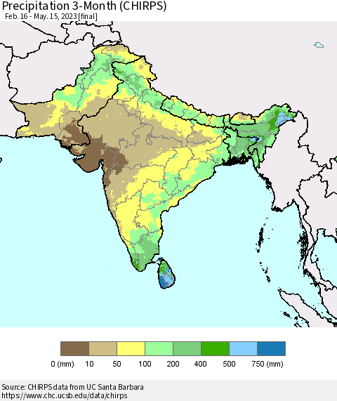 Southern Asia Precipitation 3-Month (CHIRPS) Thematic Map For 2/16/2023 - 5/15/2023