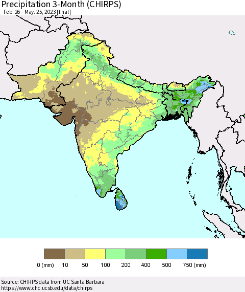 Southern Asia Precipitation 3-Month (CHIRPS) Thematic Map For 2/26/2023 - 5/25/2023