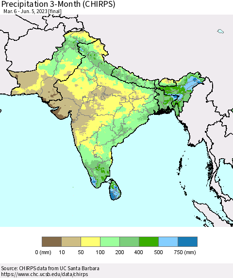 Southern Asia Precipitation 3-Month (CHIRPS) Thematic Map For 3/6/2023 - 6/5/2023