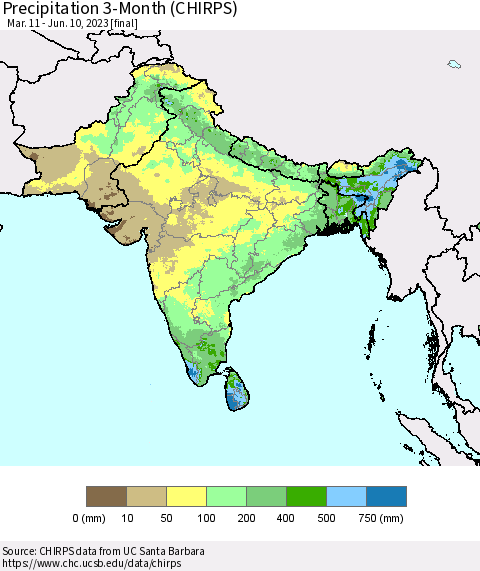 Southern Asia Precipitation 3-Month (CHIRPS) Thematic Map For 3/11/2023 - 6/10/2023