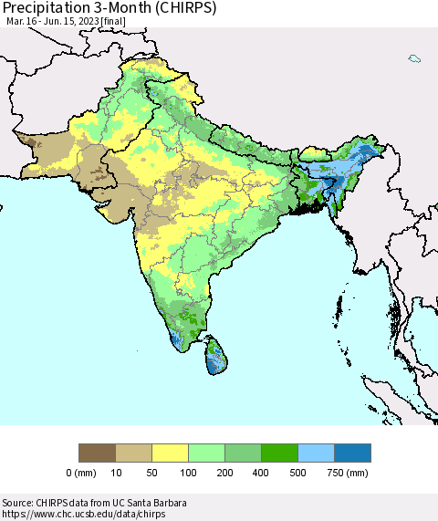 Southern Asia Precipitation 3-Month (CHIRPS) Thematic Map For 3/16/2023 - 6/15/2023