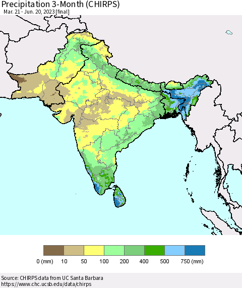 Southern Asia Precipitation 3-Month (CHIRPS) Thematic Map For 3/21/2023 - 6/20/2023