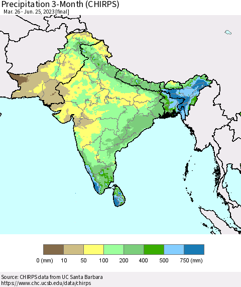Southern Asia Precipitation 3-Month (CHIRPS) Thematic Map For 3/26/2023 - 6/25/2023
