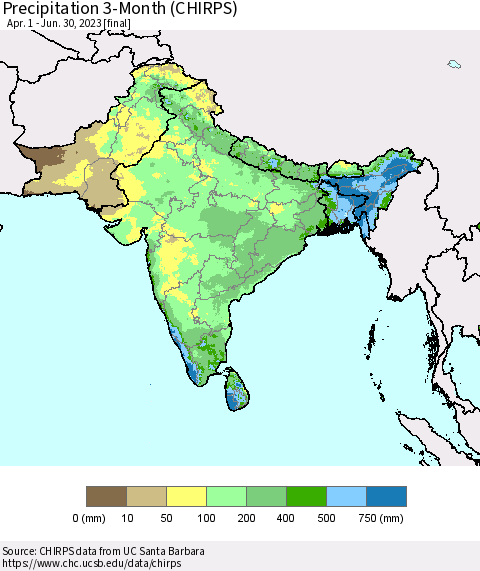 Southern Asia Precipitation 3-Month (CHIRPS) Thematic Map For 4/1/2023 - 6/30/2023