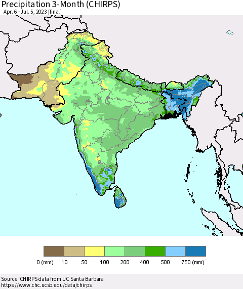 Southern Asia Precipitation 3-Month (CHIRPS) Thematic Map For 4/6/2023 - 7/5/2023