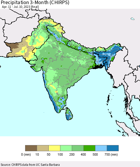 Southern Asia Precipitation 3-Month (CHIRPS) Thematic Map For 4/11/2023 - 7/10/2023