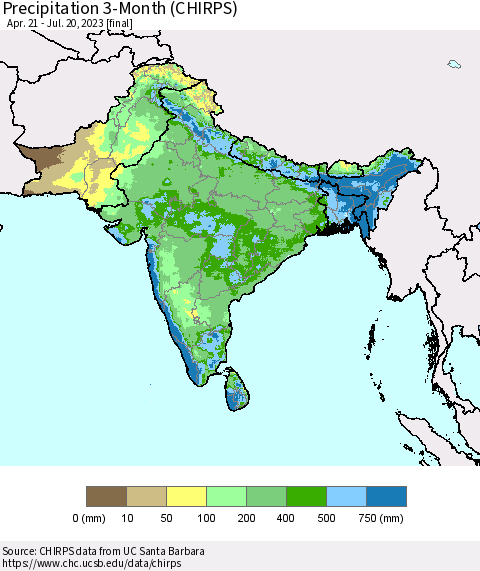 Southern Asia Precipitation 3-Month (CHIRPS) Thematic Map For 4/21/2023 - 7/20/2023