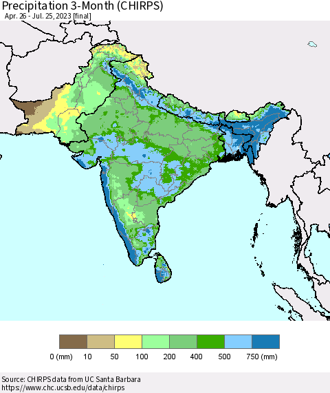 Southern Asia Precipitation 3-Month (CHIRPS) Thematic Map For 4/26/2023 - 7/25/2023