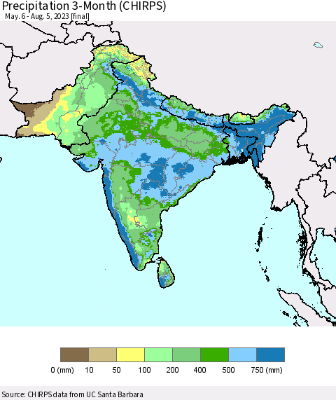 Southern Asia Precipitation 3-Month (CHIRPS) Thematic Map For 5/6/2023 - 8/5/2023