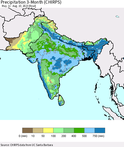 Southern Asia Precipitation 3-Month (CHIRPS) Thematic Map For 5/11/2023 - 8/10/2023