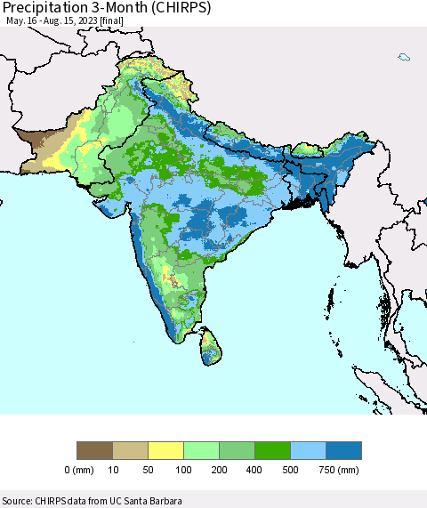 Southern Asia Precipitation 3-Month (CHIRPS) Thematic Map For 5/16/2023 - 8/15/2023