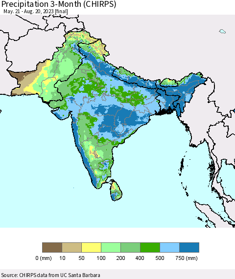Southern Asia Precipitation 3-Month (CHIRPS) Thematic Map For 5/21/2023 - 8/20/2023